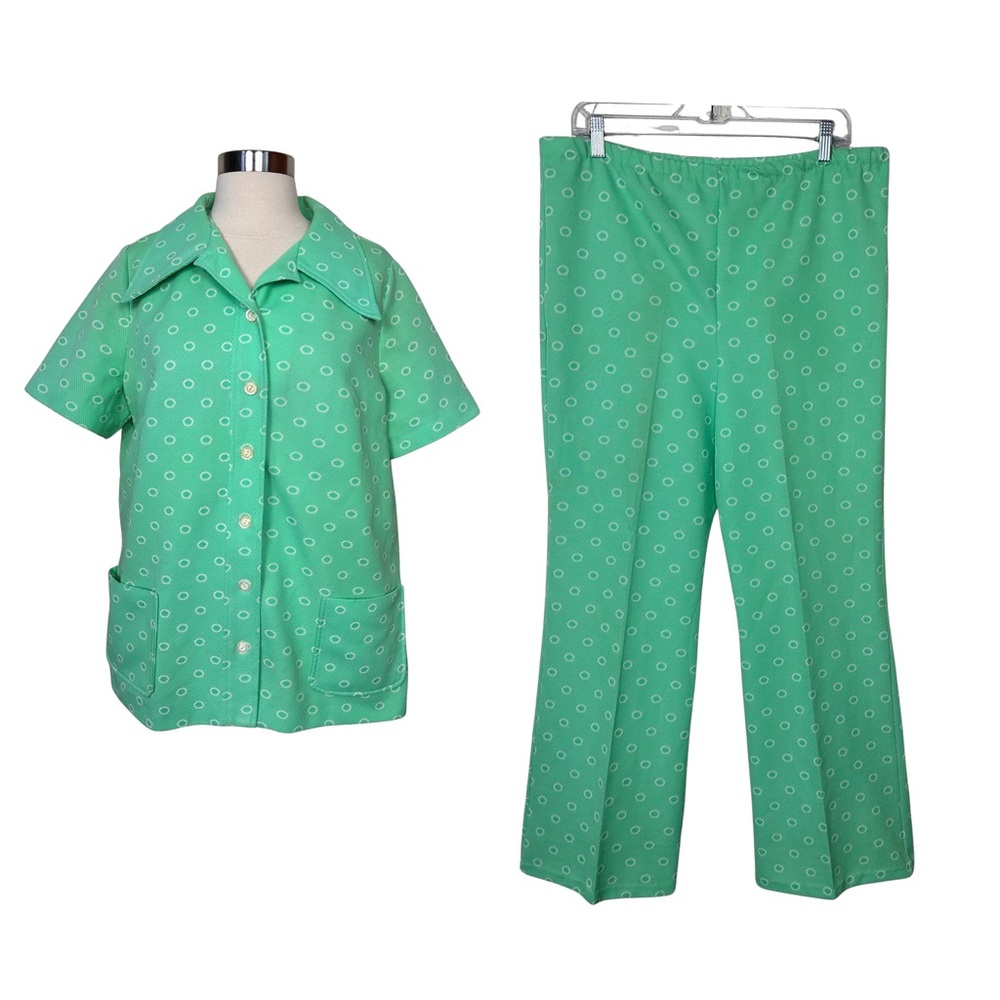 Vintage 70s Handmade Neon Green Polkadot Button Down Shirt And Pants Set Large